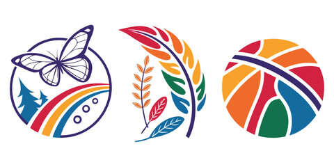 Colorful Logos of Nature and Art: A series of vibrant logos showcase nature motifs, including a butterfly, rainbow, leaf, and patterns. They represent balance and beauty in design.