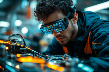 Young person wearing VR headset in neon red environment exploring immersive digital technology, generative AI concept