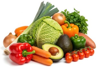 Photo of a vibrant assortment of fresh, healthy vegetables including bell peppers, carrots, avocado, tomatoes, leeks, onions, and cabbage, isolated on a white background