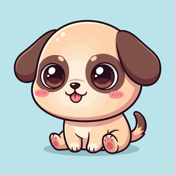 Cute kawaii puppy illustration sitting with big brown eyes floppy ears and a happy expression.