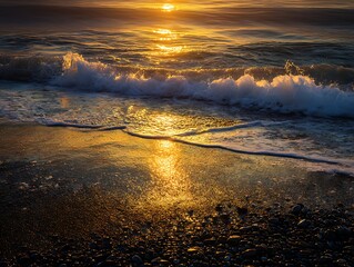Golden sunset reflecting on ocean waves and wet sand
