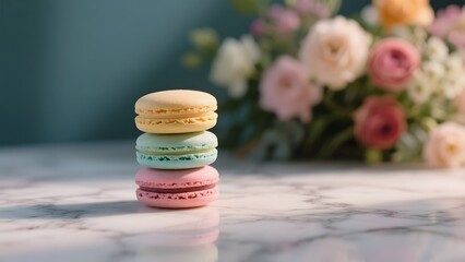 Stack of colorful macarons on a marble surface with a floral background