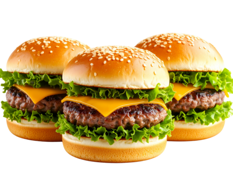 Three Mini Burger Sliders with Lettuce and Cheese, Side View, Isolated on Transparent Background PNG