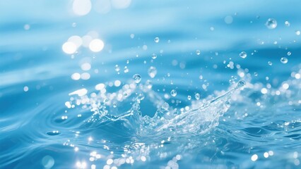 A stunning macro close-up of a vibrant blue water splash, with sparkling droplets and ripples, creating a refreshing and dynamic abstract background.