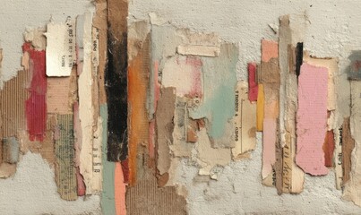 Abstract collage of torn paper strips on textured surface