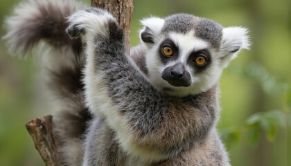 Fototapeta premium Close-up wildlife photo of ring-tailed lemur perched on tree branch. Distinctive fur pattern, bright eyes clearly visible. Natural habitat provides soft green blurred background, emphasizing animal