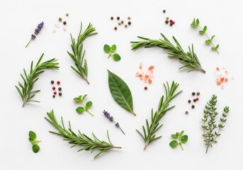 Photo of aromatic fresh rosemary, thyme, lavender, bay leaf, and peppercorns arranged with pink salt, isolated on white background