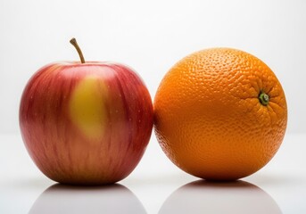 Photo of a red apple and an orange fruit side by side, isolated on white background