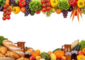 Photo of abundant assortment of fresh fruits, vegetables, and baked goods, creatively arranged to form a decorative border, isolated on white background