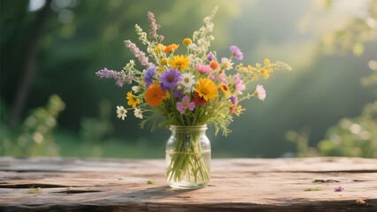 A vibrant bouquet of wildflowers in a glass jar placed on a wooden table outdoors.