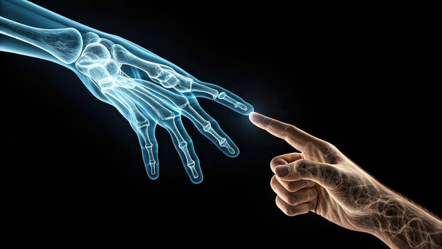 Medical x ray hand bones anatomy and human touch connection concept for healthcare technology research
