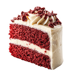 Delicious red velvet cake slice with cream cheese frosting and chocolate shavings, perfect for dessert menus and bakery promotions on transparent background