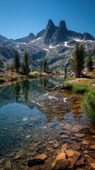 Fototapeta premium Mountain lake reflecting peaks. Clear water, rocky shore, and conifer trees surround a serene alpine lake mirroring a sharp mountain peak