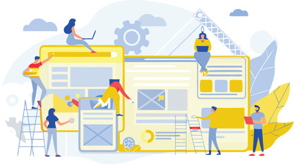 Team of people designing website interface with laptops and ladders in a collaborative environment scene