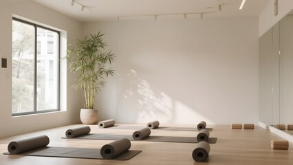 Sunny Yoga Studio with Rolled Mats and Bamboo Plant
