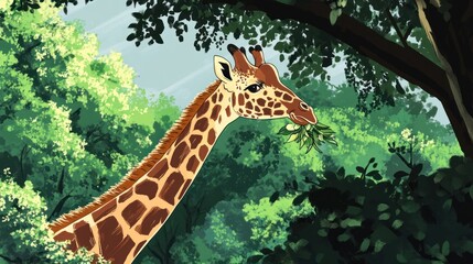 Obraz premium Giraffe eating leaves in a lush forest