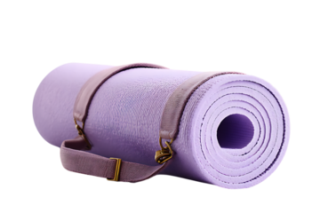 Rolled purple yoga mat with sturdy strap ready for your next fitness journey or mindful practice