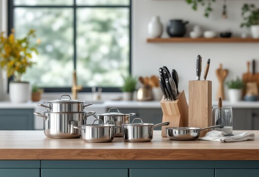 Stainless steel cookware and wooden knife block on a kitchen countertop.