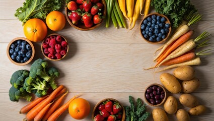 Fresh assortment of vibrant fruits and vegetables arranged in a circle