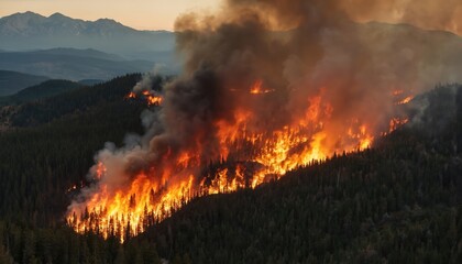 Aerial view of massive wildfire engulfing dense forest in western region. Intense flames, thick smoke billow from burning trees on mountainside, destructive environmental impact, critical need for