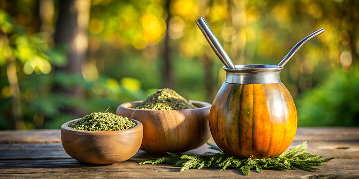 Traditional south american yerba mate gourd with bombilla and dried yerba leaves on a wooden table outdoors, symbolizing culture and refreshment