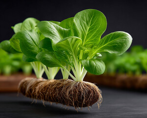 Fototapeta premium Smart Farming with AI Technology. Fresh green bok choy with visible roots, showcasing its natural beauty and health benefits.