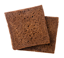 Two pieces of rye toast bread isolated on a white background. Top view