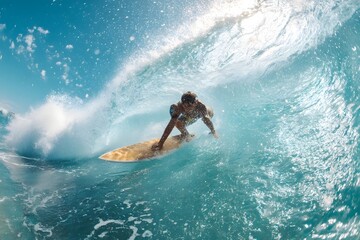 Clear blue water, sunny day, surfing, wave