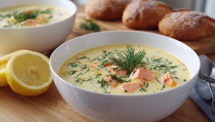 Creamy salmon soup lunch, kitchen table, bread