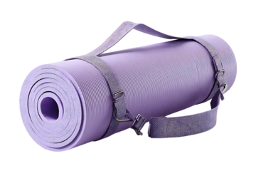 Rolled purple yoga mat with convenient carrying strap ready for active lifestyle and fitness journeys