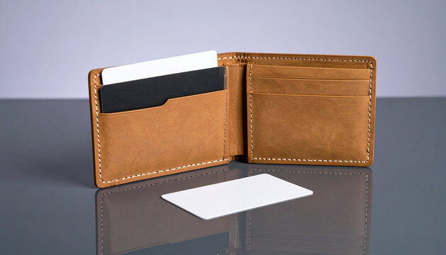 Leather Wallet & Essentials: An open leather wallet displays credit cards, emphasizing both functionality and style, suggesting financial readiness. 
