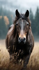 Obraz premium Majestic horse walking through a misty field surrounded by trees at dusk