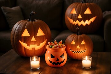 Festive Halloween display with carved pumpkins, candy, and candles in a cozy living room setting