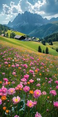 Colorful wildflowers bloom in a lush valley with towering mountains and a quaint village under a partly cloudy sky