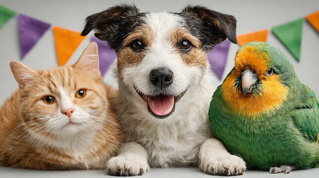 World animal day a happy dog, a fluffy cat, and a colorful bird sit together with a festive banner in the background