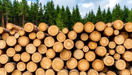 Pile of freshly cut logs ready for timber processing in a forest with evergreen trees.