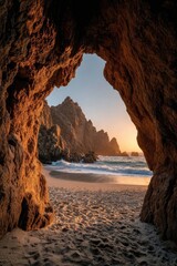 Sunset through coastal cave