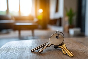 Keys placed on a table in a new apartment or hotel room, representing the concept of new beginnings, homeownership, or travel, Generative AI