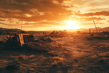 Post-Apocalyptic Desert Landscape with Rusted Machinery Under Dramatic Sunset Sky, Generative AI