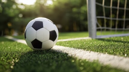 Fototapeta premium The soccer ball resting on the vibrant playing field under sunlight.
