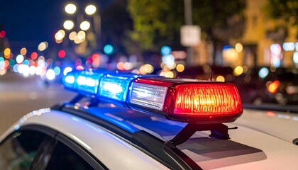 Police Car Emergency Lights Blazing at Night with City Street Scene.