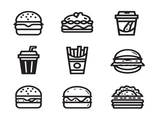 Delicious burger and fries icons in 2D outlined vector design