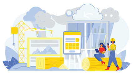 Illustration of construction site with workers crane clouds and digital devices in light blue and yellow