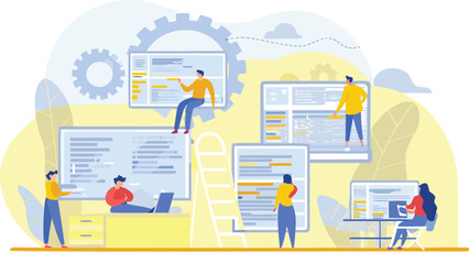 Illustration of people working on screens with gear and ladder in a collaborative environment