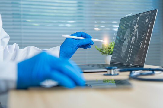 Doctor using AI medical interface on digital tablet for health data analysis and patient care in smart healthcare system
