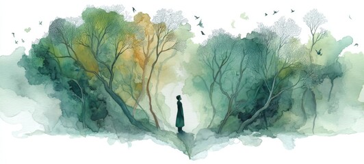 Watercolor Forest Emerges: A Solitary Figure in a Dreamlike Woodland