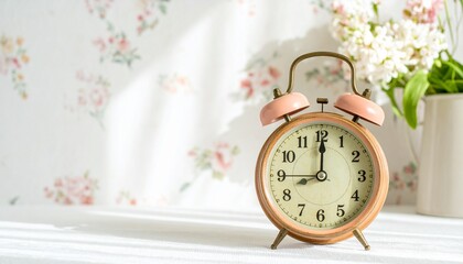 Peaceful morning concept with a vintage alarm clock showing nine o'clock. A tranquil scene with sunlight and fresh spring flowers.