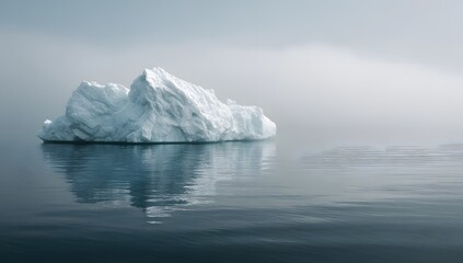 Lone iceberg floating in the misty Arctic sea, reflecting in the calm water under a soft, overcast sky, creating a serene and minimalist scene