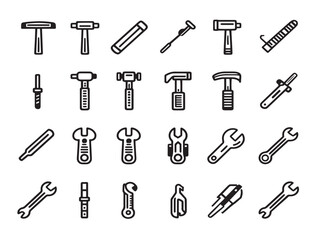 Hammer and wrench tools icons in outlined repair vector illustration