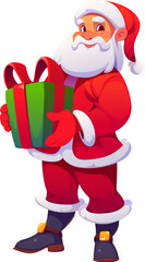 Cartoon Santa Claus character with Christmas gift box in hands for winter holiday, vector personage. Happy Santa with smile holding Xmas gift box with ribbons for Merry Christmas and New Year holiday